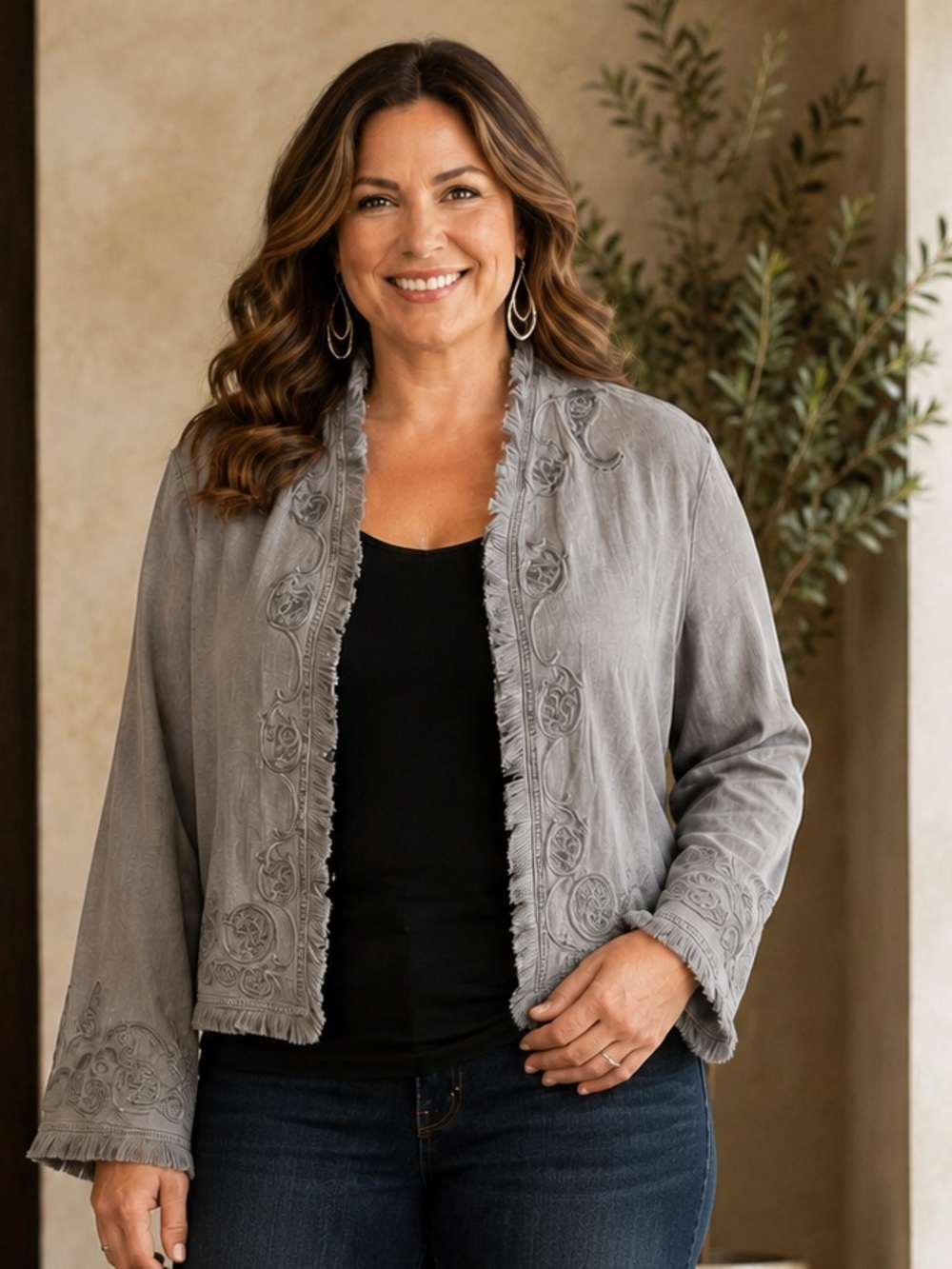 Susan Graver Gray Embroidered Open-Front Jacket